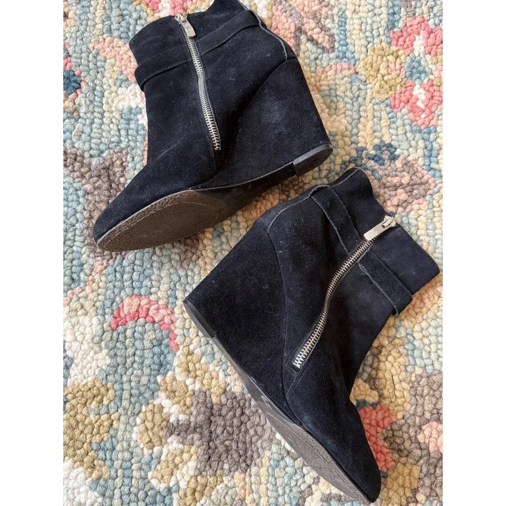 Vince Camuto Dena Black Suede Leather Wedge Buckle Booties 8.5